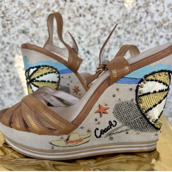 Coach Shoes - Coach Caroline Leather Wedge Sandal Size 8B 
Beach Summer Vacation Rare Beaded
